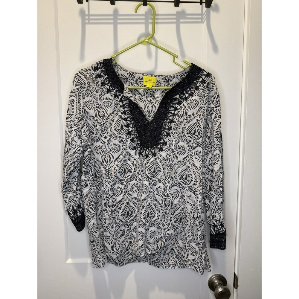 Roberta Roller Rabbit Black White Cotton Split Neck Tunic Blouse 3/4 M Geometric
